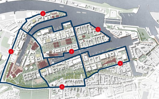 Plan, auf dem die Aufteilung der einzelnen Viertel zu sehen ist, die im Werftquartier Bremerhaven entstehen sollen | © Cobe 